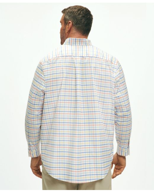 Brooks Brothers White Big & Tall Stretch Cotton Non-iron Oxford Polo Button Down Collar, Multi Windowpane Shirt for men