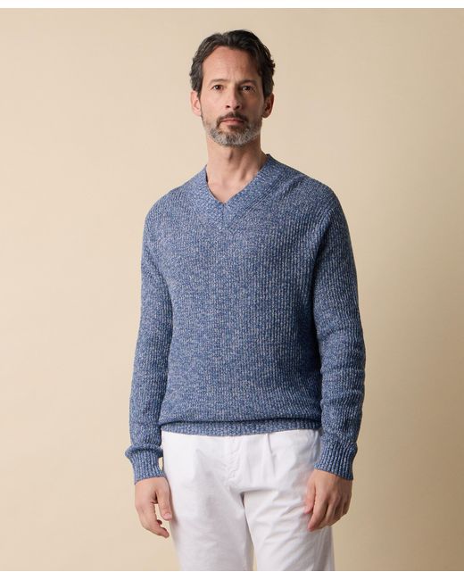 Brooks Brothers Blue Cotton-Linen V-Neck Mouliné Sweater for men