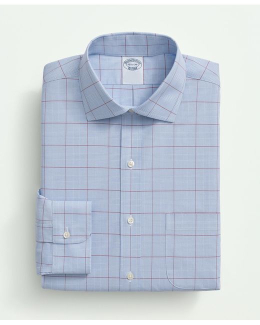 Brooks Brothers Blue Stretch Supima Cotton Non-iron Poplin English Spread Collar, Glen Plaid Dress Shirt for men