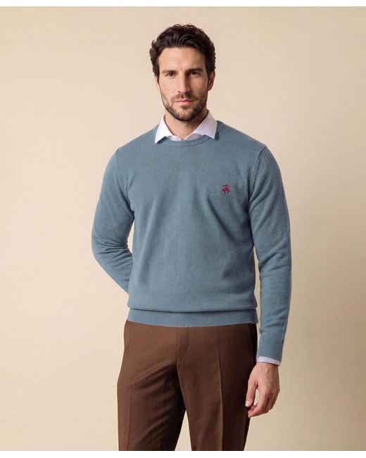 Brooks Brothers Blue Lambswool Crewneck Sweater With Logo for men