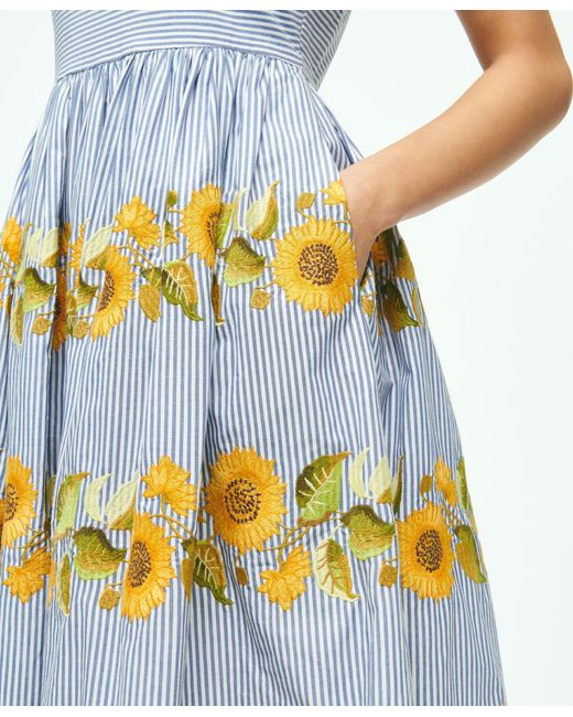 Brooks Brothers White Sunflower Embroidered Striped Fit-and-flare Dress In Cotton