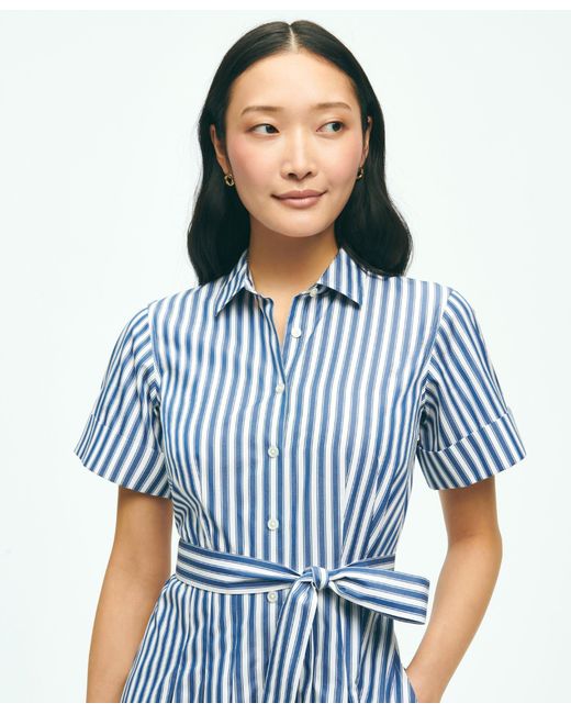 Brooks Brothers Blue Striped Belted Shirt Dress In Cotton