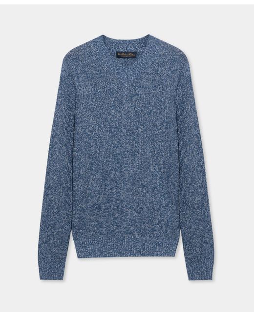 Brooks Brothers Blue Cotton-Linen V-Neck Mouliné Sweater for men