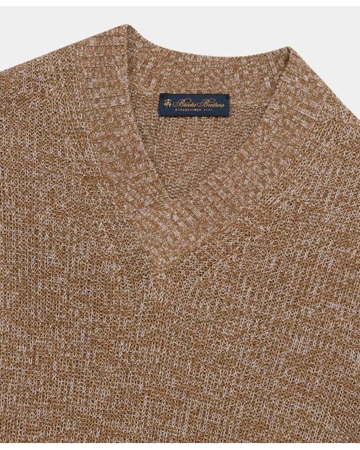Brooks Brothers Brown Cotton-Linen V-Neck Mouliné Sweater for men
