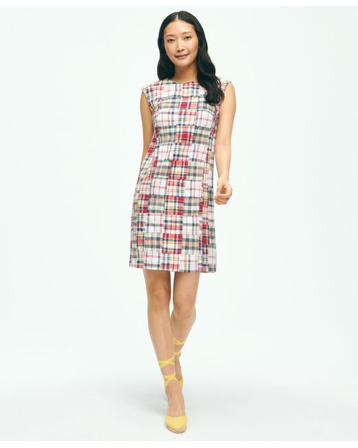 Brooks Brothers White Madras Patchwork Shift Dress In Cotton