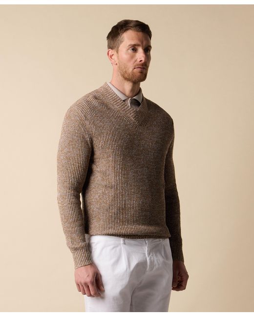 Brooks Brothers Brown Cotton-Linen V-Neck Mouliné Sweater for men