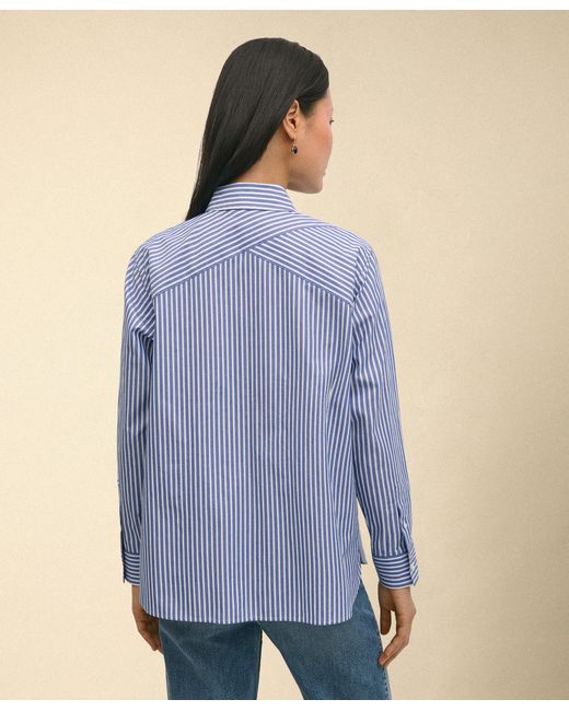 Brooks Brothers Blue Relaxed Fit Striped Poplin Shirt With Forward Point Collar
