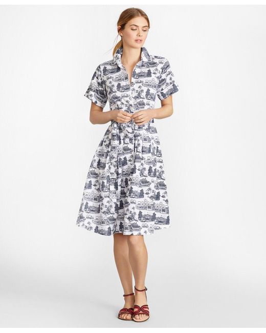 Brooks Brothers Toile Supima Cotton Sateen Shirt Dress in WhiteNavy