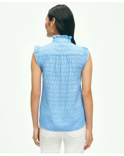 Brooks Brothers Blue Eyelet Flutter Sleeve Blouse In Cotton