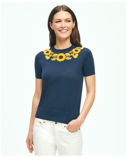 Brooks Brothers Blue Sunflower Embroidered Shell In Supima Cotton Sweater