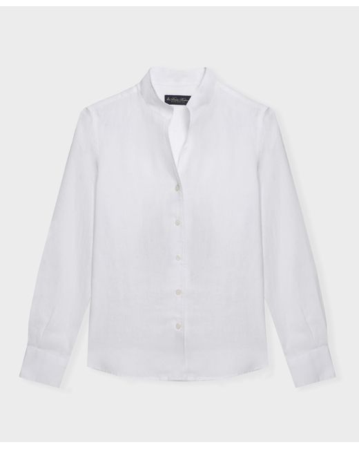 Brooks Brothers White Slim Fit Linen Shirt With Stand Collar