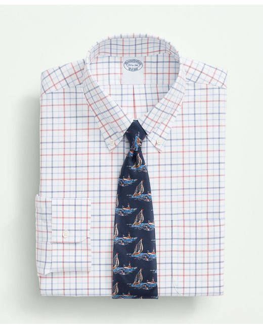 Brooks Brothers Blue Stretch Supima Cotton Non-iron Poplin Polo Button Down Collar, Multi Windowpane Dress Shirt for men