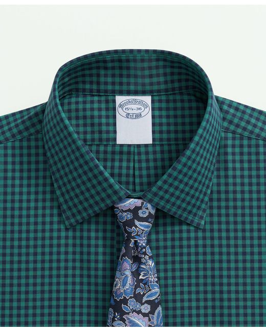 Brooks Brothers Green Stretch Supima Cotton Non-iron Pinpoint Oxford Ainsley Collar, Gingham Dress Shirt for men