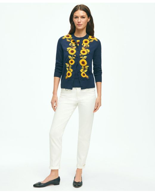 Brooks Brothers Blue Sunflower Embroidered Cardigan In Supima Cotton Sweater