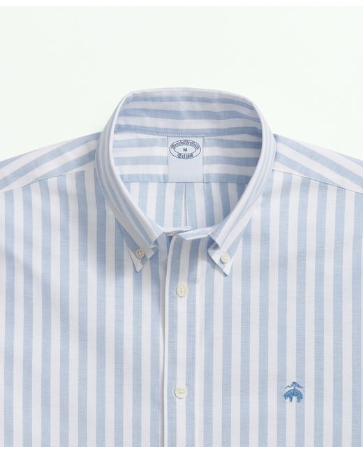 Brooks Brothers Blue Stretch Cotton Non-iron Oxford Polo Button Down Collar, Striped Short-sleeve Shirt for men