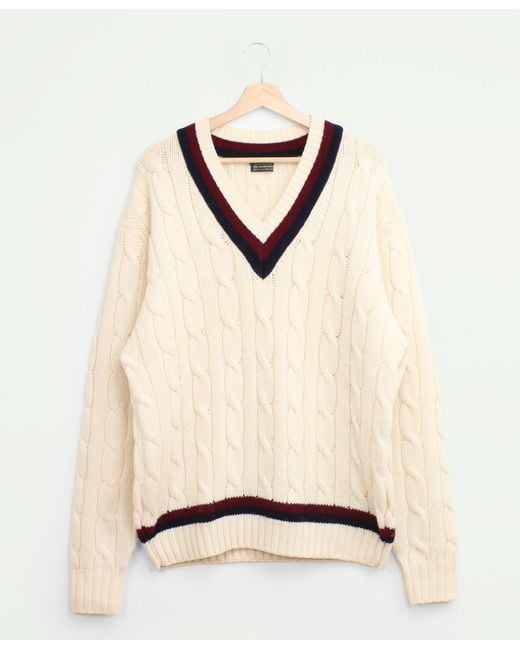 Brooks Brothers Natural Vintage Merino Wool Cable Knit Tennis Sweater, 1990s, Xl for men
