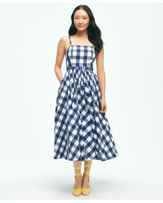 Brooks Brothers Blue Gingham Jacquard Fit-and-flare Dress In Cotton