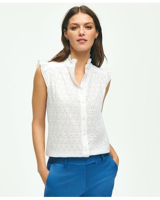 Brooks Brothers White Eyelet Flutter Sleeve Blouse In Cotton