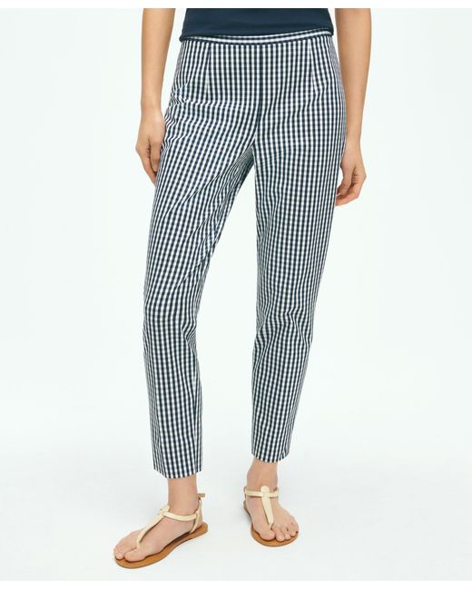 Brooks Brothers Blue Gingham Side-zip Pant In Bi-stretch Cotton Twill