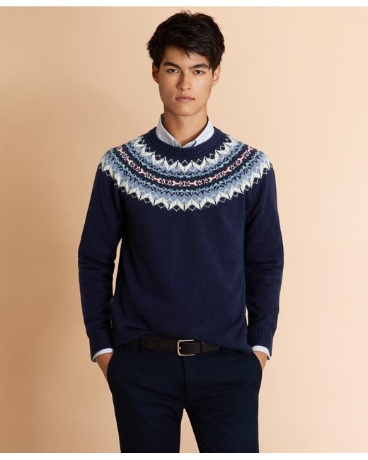 Brooks Brothers Blue Wool-blend Fair Isle Crewneck Yoke Sweater for men