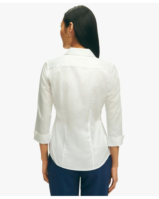 White Fitted Stretch Cotton Sateen Three-quarter Sleeve Blouse di Brooks Brothers