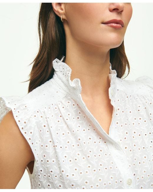 Brooks Brothers White Eyelet Flutter Sleeve Blouse In Cotton