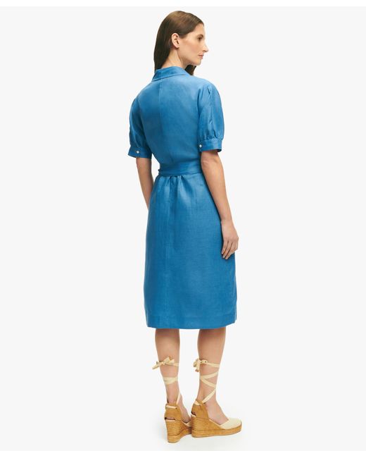 Blue Linen Puff Sleeve Belted Shirt Dress di Brooks Brothers