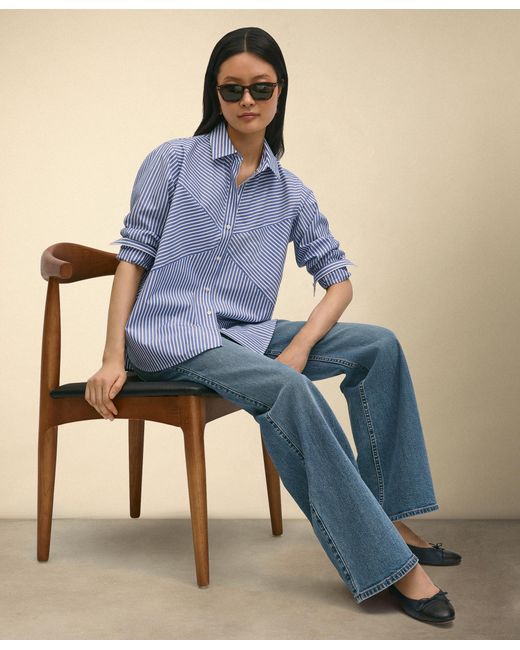 Brooks Brothers Blue Relaxed Fit Striped Poplin Shirt With Forward Point Collar