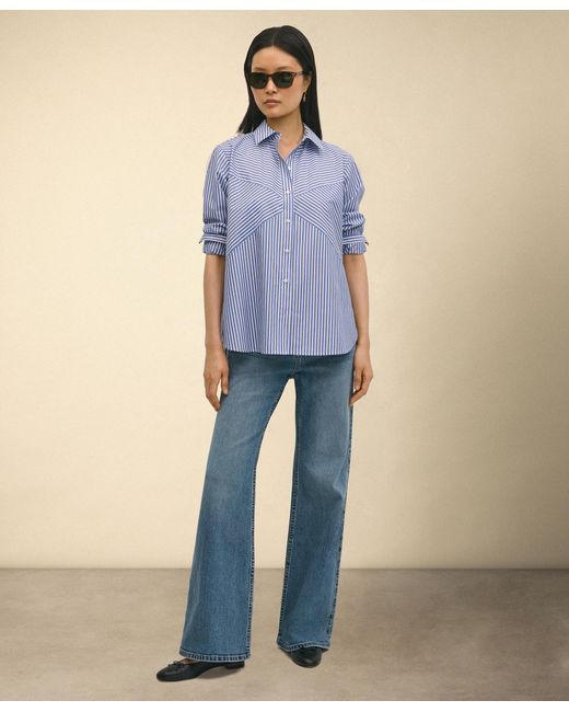 Brooks Brothers Blue Relaxed Fit Striped Poplin Shirt With Forward Point Collar