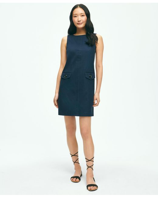 Brooks Brothers Blue Crewneck Shift Dress In Basketwoven Cotton