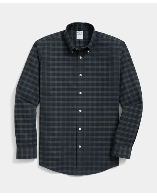 Brooks Brothers Blue Slim Fit Non-Iron Plaid Stretch Oxford Shirt With Button Down Collar for men