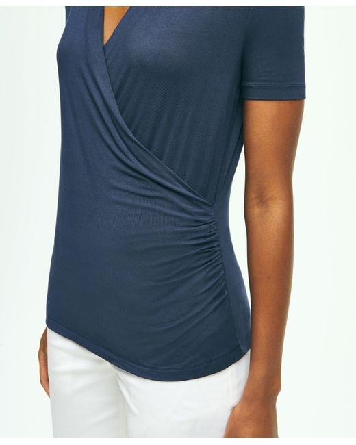 Brooks Brothers Blue Short Sleeve Draped Faux Wrap Top
