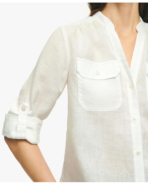 Camisa Utilitaria Blanca De Lino Con Cuello De Pico Brooks Brothers de color White