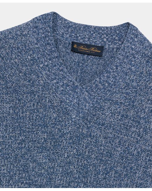 Brooks Brothers Blue Cotton-Linen V-Neck Mouliné Sweater for men