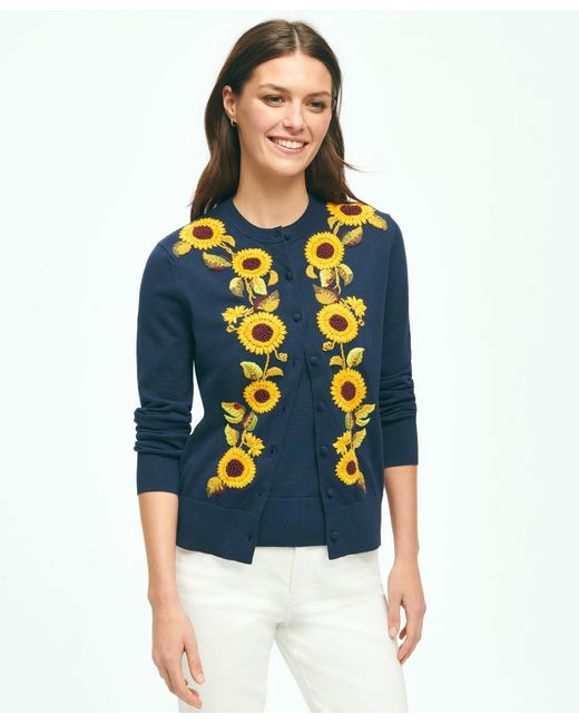 Brooks Brothers Blue Sunflower Embroidered Cardigan In Supima Cotton Sweater