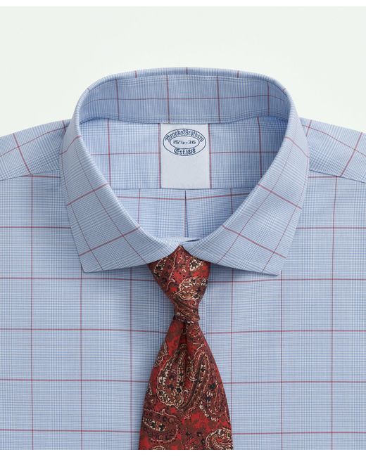 Brooks Brothers Blue Stretch Supima Cotton Non-iron Poplin English Spread Collar, Glen Plaid Dress Shirt for men