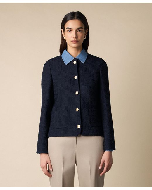 Brooks Brothers Blue Collarless Buttons Wool Jacket