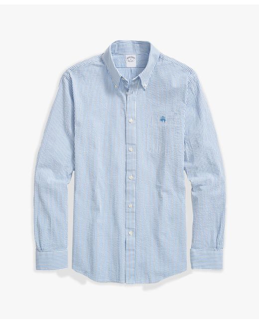 Blue Stripe Regular Fit Cotton Seersucker Dress Shirt With Button Down Collar Brooks Brothers de hombre