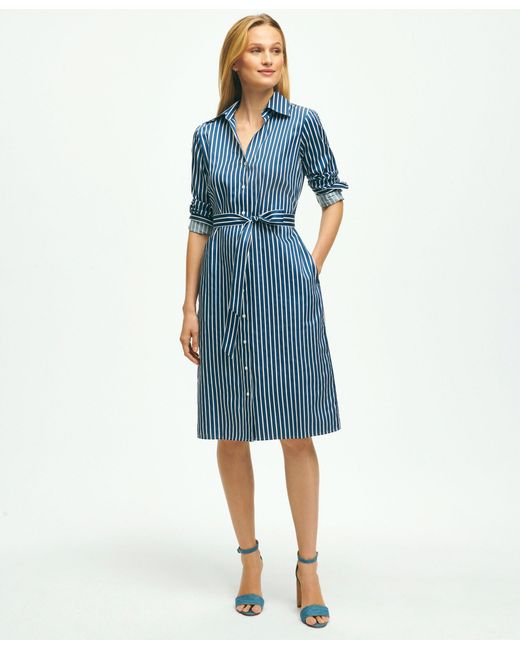 Brooks Brothers Blue Supima Cotton Stretch Sateen Belted Shirt Dress