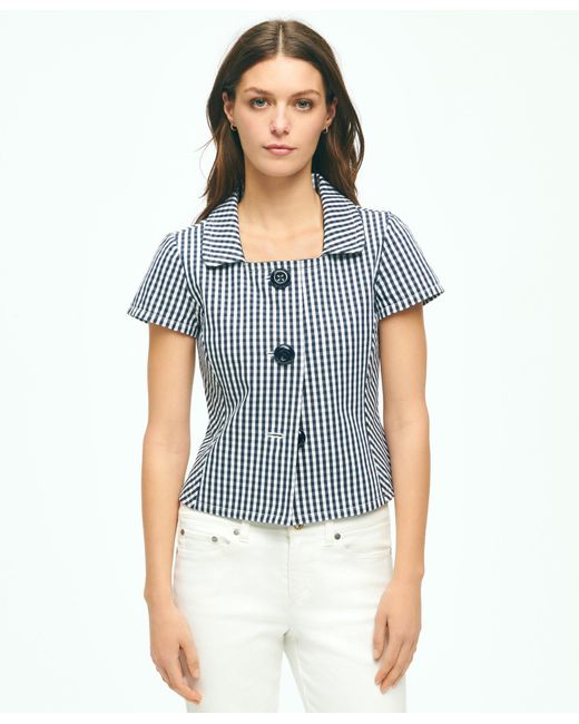 Brooks Brothers Blue Short Sleeve Gingham Jacket In Bi-stretch Cotton