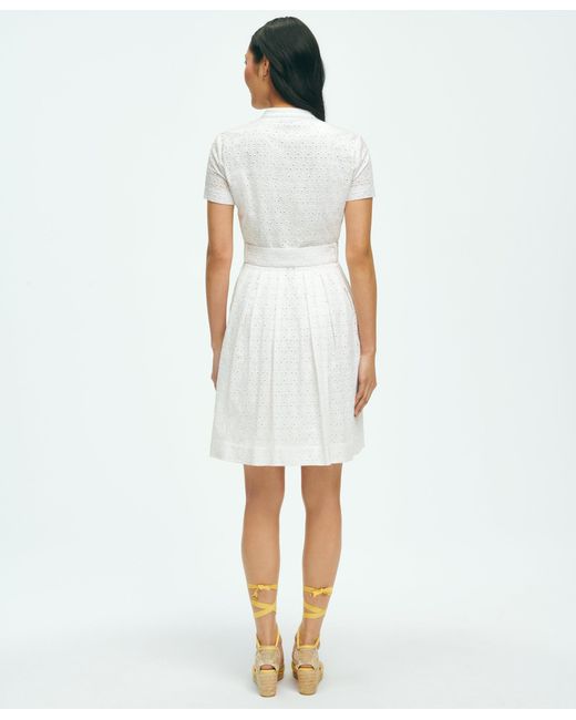Brooks Brothers White Eyelet Belted Shirt Dress In Cotton