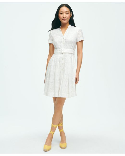 Brooks Brothers White Eyelet Belted Shirt Dress In Cotton