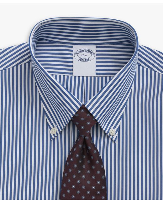 Blue Striped Regular Fit Non-iron Cotton Shirt With Button-down Collar di Brooks Brothers da Uomo