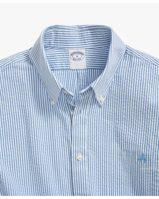 Blue Stripe Regular Fit Cotton Seersucker Dress Shirt With Button Down Collar Brooks Brothers de hombre