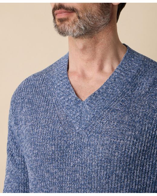 Brooks Brothers Blue Cotton-Linen V-Neck Mouliné Sweater for men