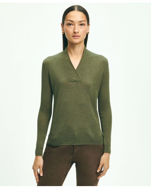 Brooks Brothers Green Silk-cashmere Shawl-collar Sweater