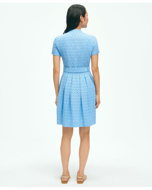 Brooks Brothers Blue Eyelet Belted Shirt Dress In Cotton