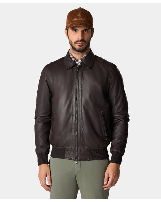 Brooks Brothers Black Leather Bomber Jacket for men