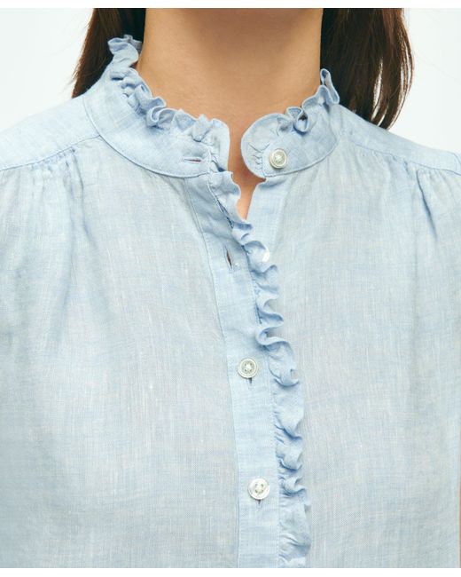 Brooks Brothers Blue Sleeveless Ruffle Detail Shirt In Linen