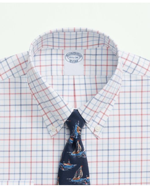 Brooks Brothers Blue Stretch Supima Cotton Non-iron Poplin Polo Button Down Collar, Multi Windowpane Dress Shirt for men